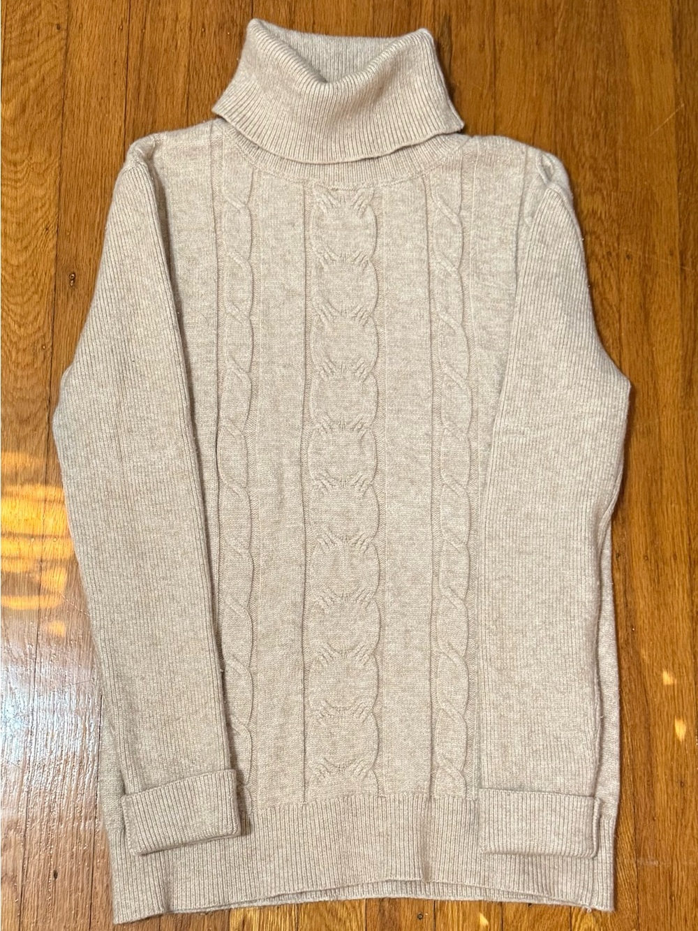 Turtleneck Cable Knit Sweater - Beige - Size Small